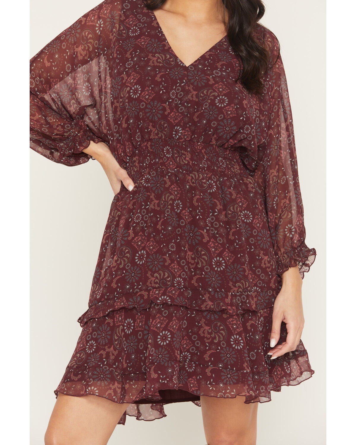 Image #3 - Shyanne Women's Glenwood Floral Print Long Sleeve Chiffon Mini Dress, Brick Red, hi-res