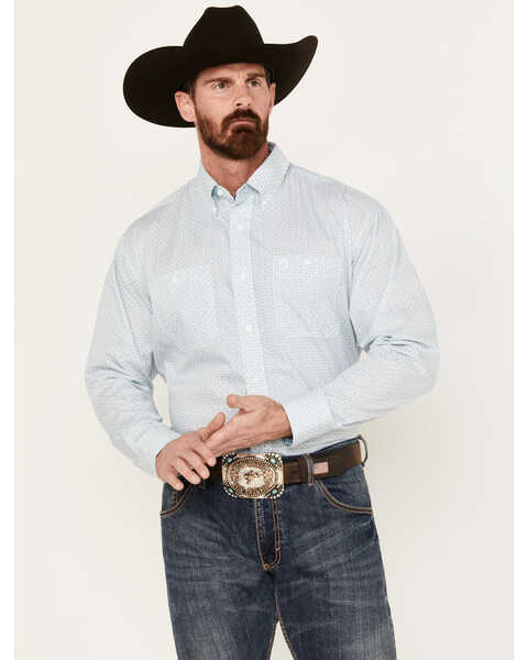George Strait by Wrangler Men's Geo Print Long Sleeve Button Down Western Shirt, White, hi-res