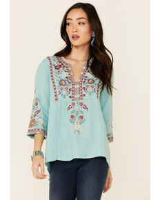 Johnny Was Women's Nya Weekend Floral Embroidery 3/4 Sleeve Top, Turquoise, hi-res