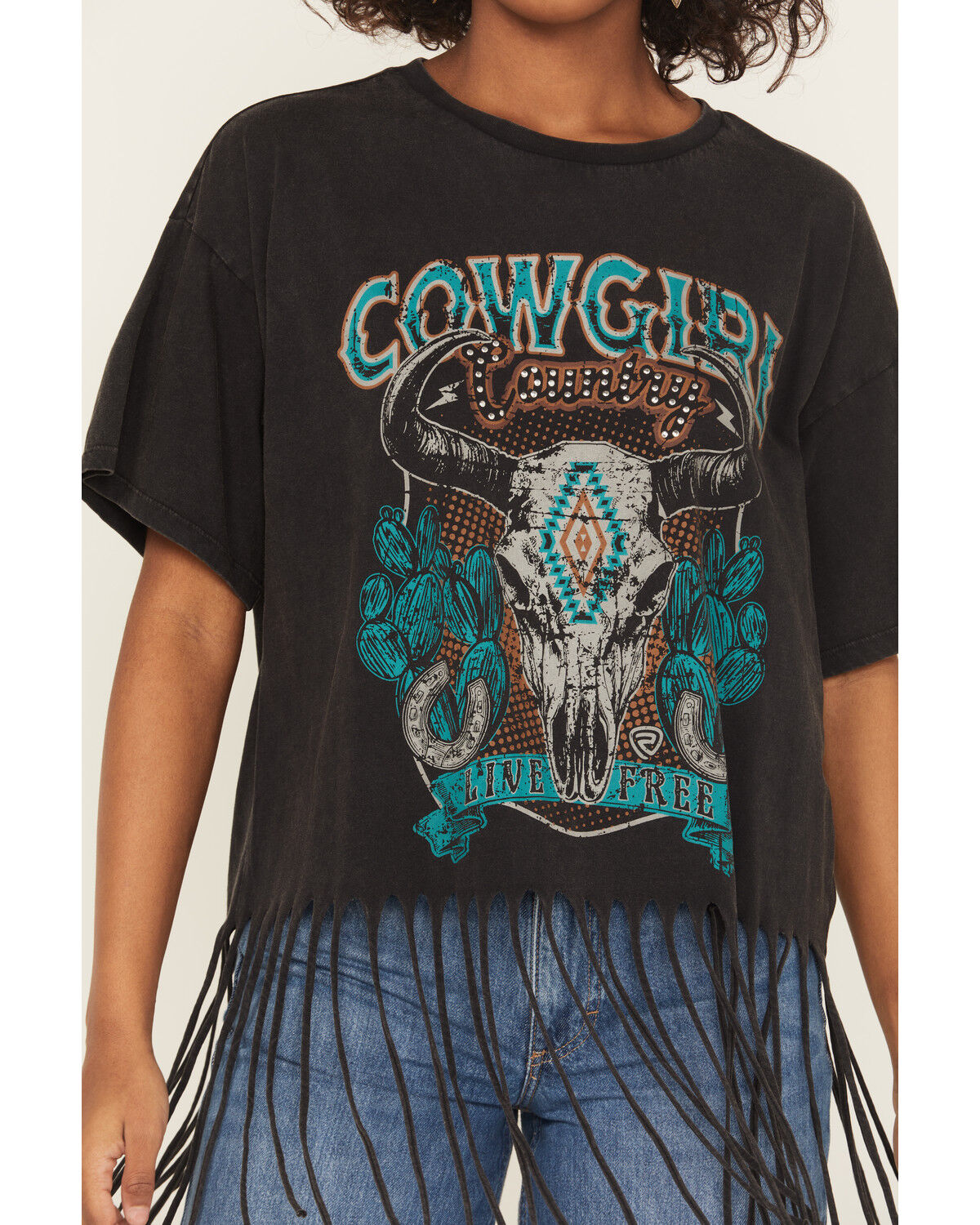 Image #3 - Rock & Roll Denim Women's Steer Short Sleeve Fringe Graphic Tee, Black, hi-res