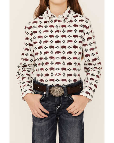 Image #2 - Rock & Roll Denim Girls' Southwestern Buffalo Print Pearl Snap Western Shirt, Natural, hi-res
