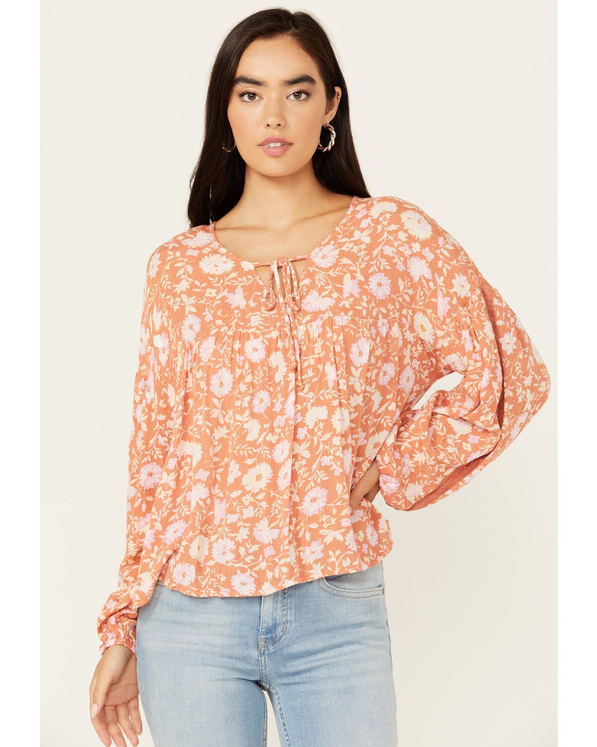 Sadie & Sage Women's With Love Floral Peasant Top, Coral, hi-res