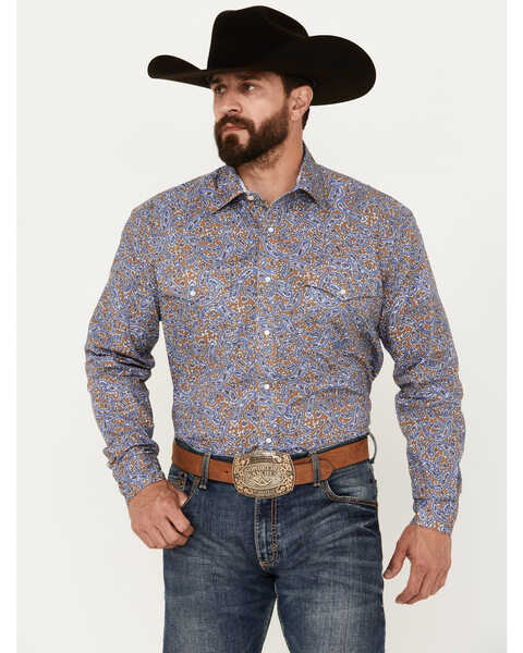 Roper Men's Amarillo Paisley Long Sleeve Pearl Snap Western Shirt, Brown, hi-res
