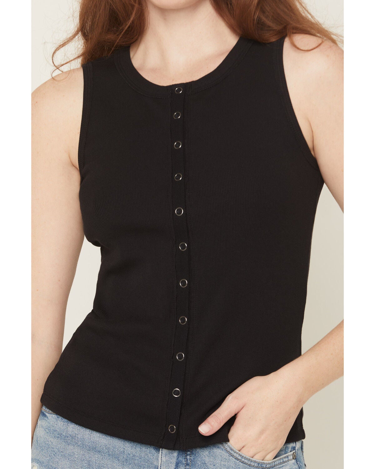 Image #3 - Idyllwind Women's Solid Sleeveless Snap Rib Knit Tank Top, Black, hi-res