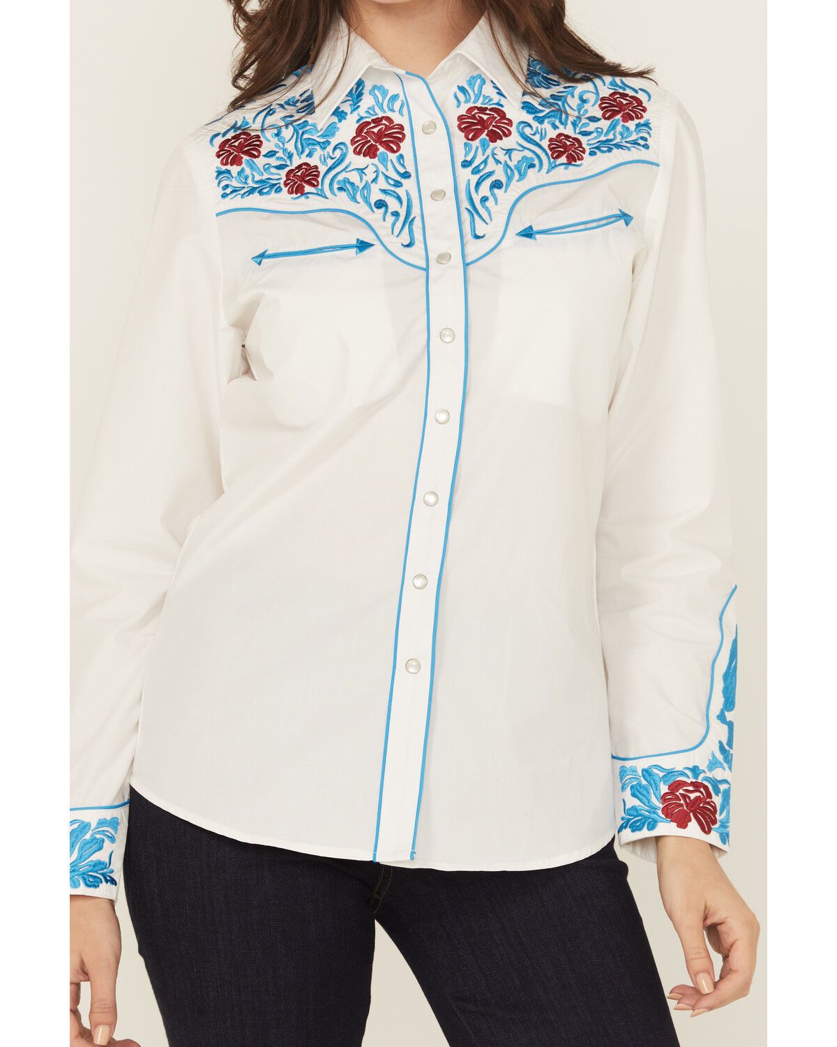 Image #3 - Rodeo Clothing Women's Floral Embroidered Long Sleeve Snap Stretch Western Shirt, White, hi-res