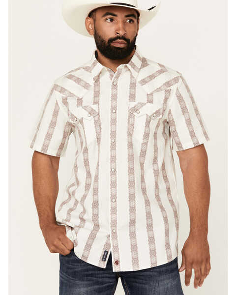 Moonshine Spirit Men's Paradise Southwestern Striped Print Short Sleeve Snap Western Shirt , White, hi-res