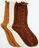 Image #1 - Boot Barn Women's Pointelle Novelty Trim Crew Socks - 3 Pack, Brown, hi-res