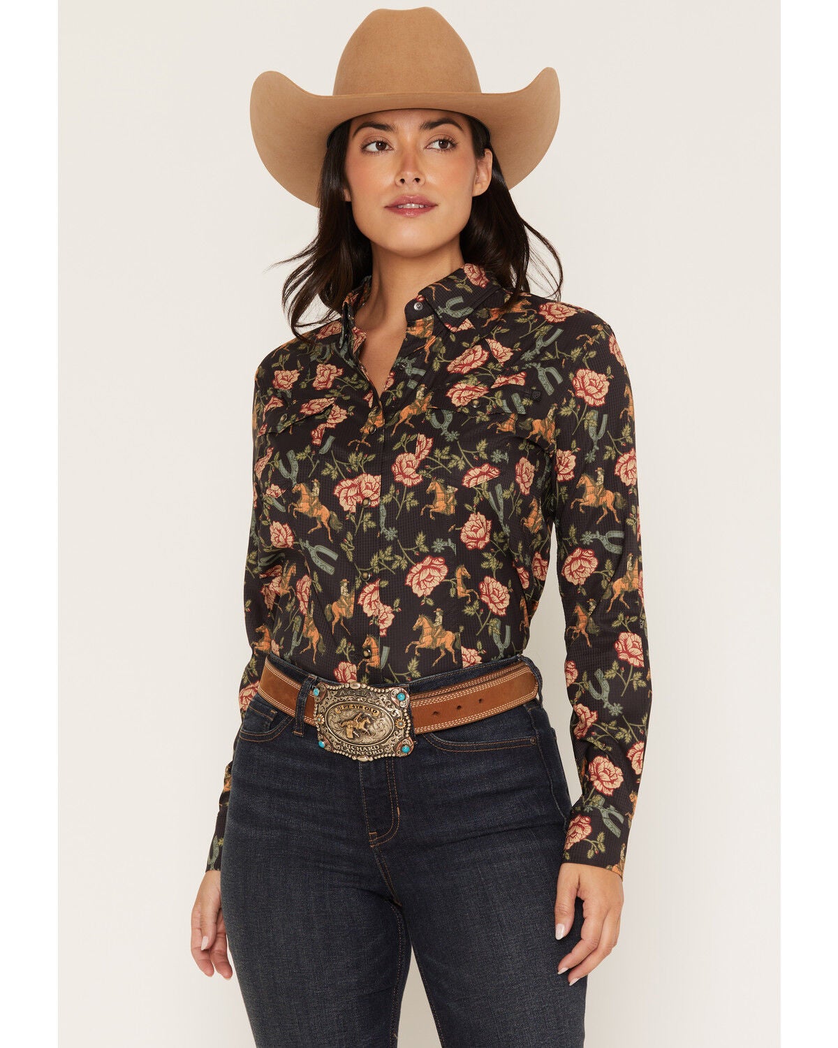 Rock & Roll Denim Women's Spur Floral Print Long Sleeve Snap Tek Western Shirt, Black, hi-res
