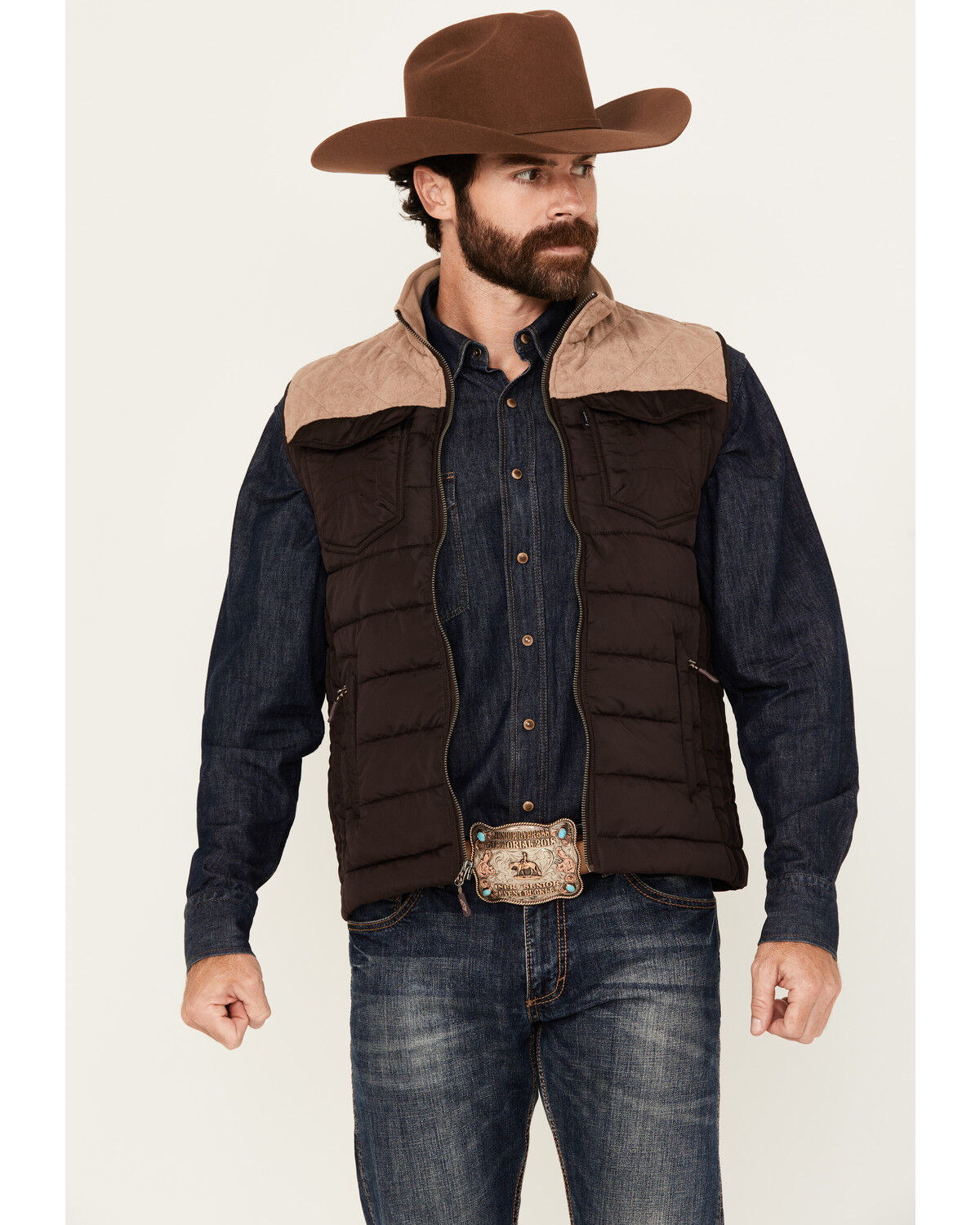 Image #1 - Hooey Men's Colorblock Packable Puffer Vest, Brown, hi-res
