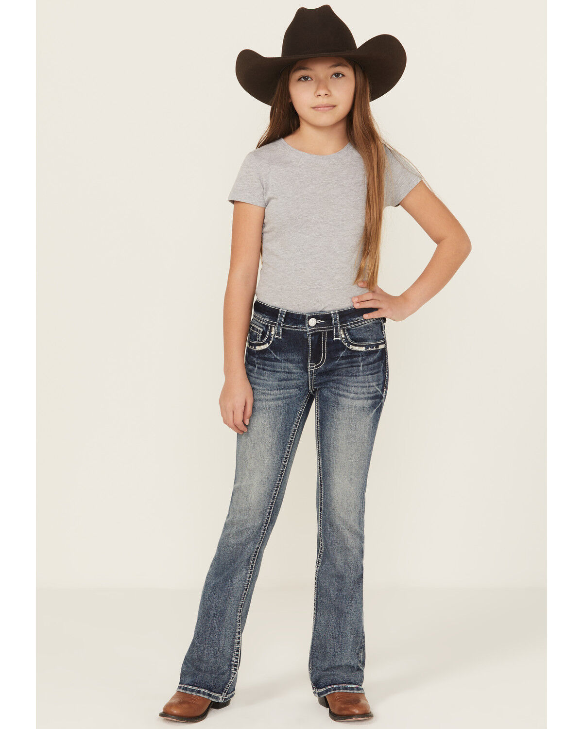 Image #3 - Grace In La Girls' Floral Steerhead Embroidered And Embellished Bootcut Stretch Denim Jeans, Blue, hi-res