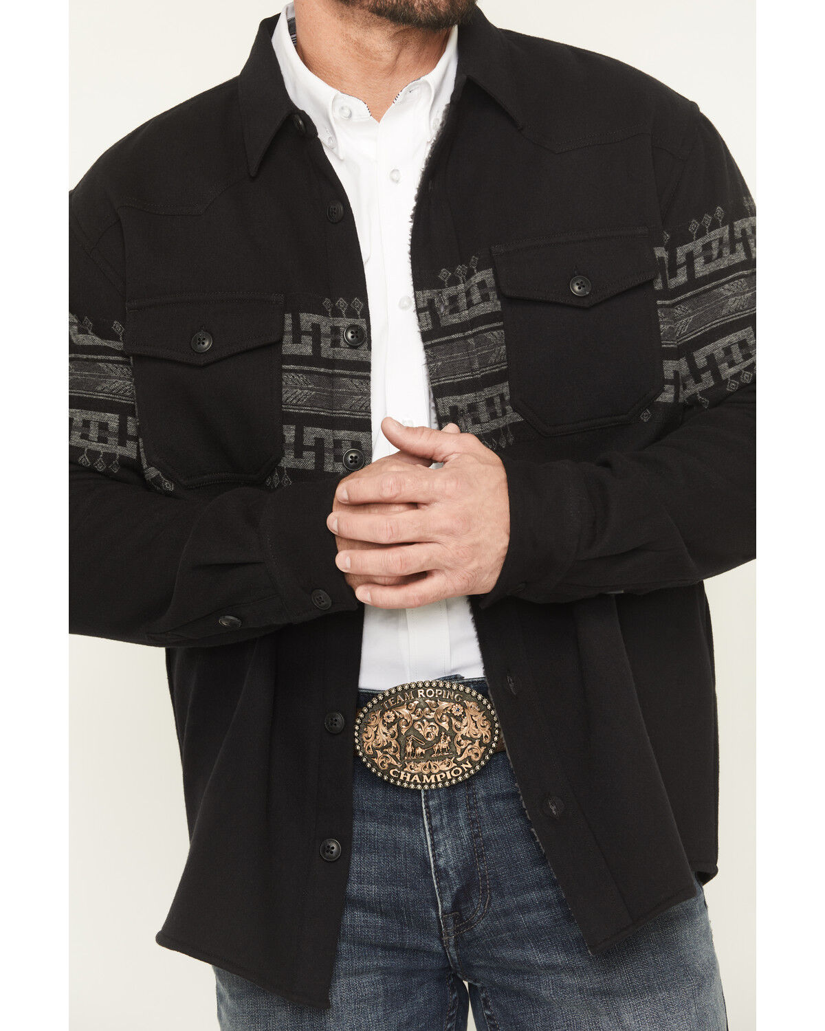 Image #3 - Cody James Men's Southwestern Border Print Sherpa Lined Flannel Shirt Jacket, Black, hi-res