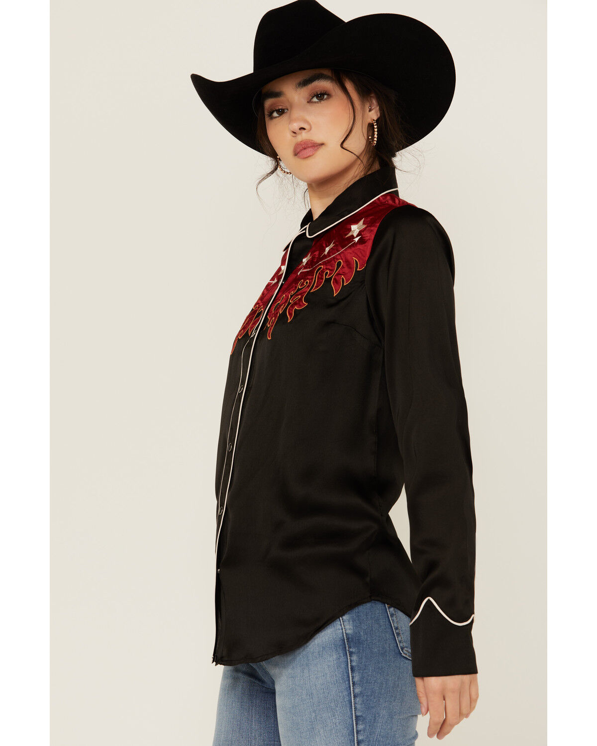 Image #2 - Rock & Roll Denim Women's Flames Long Sleeve Snap Western Shirt, Black, hi-res