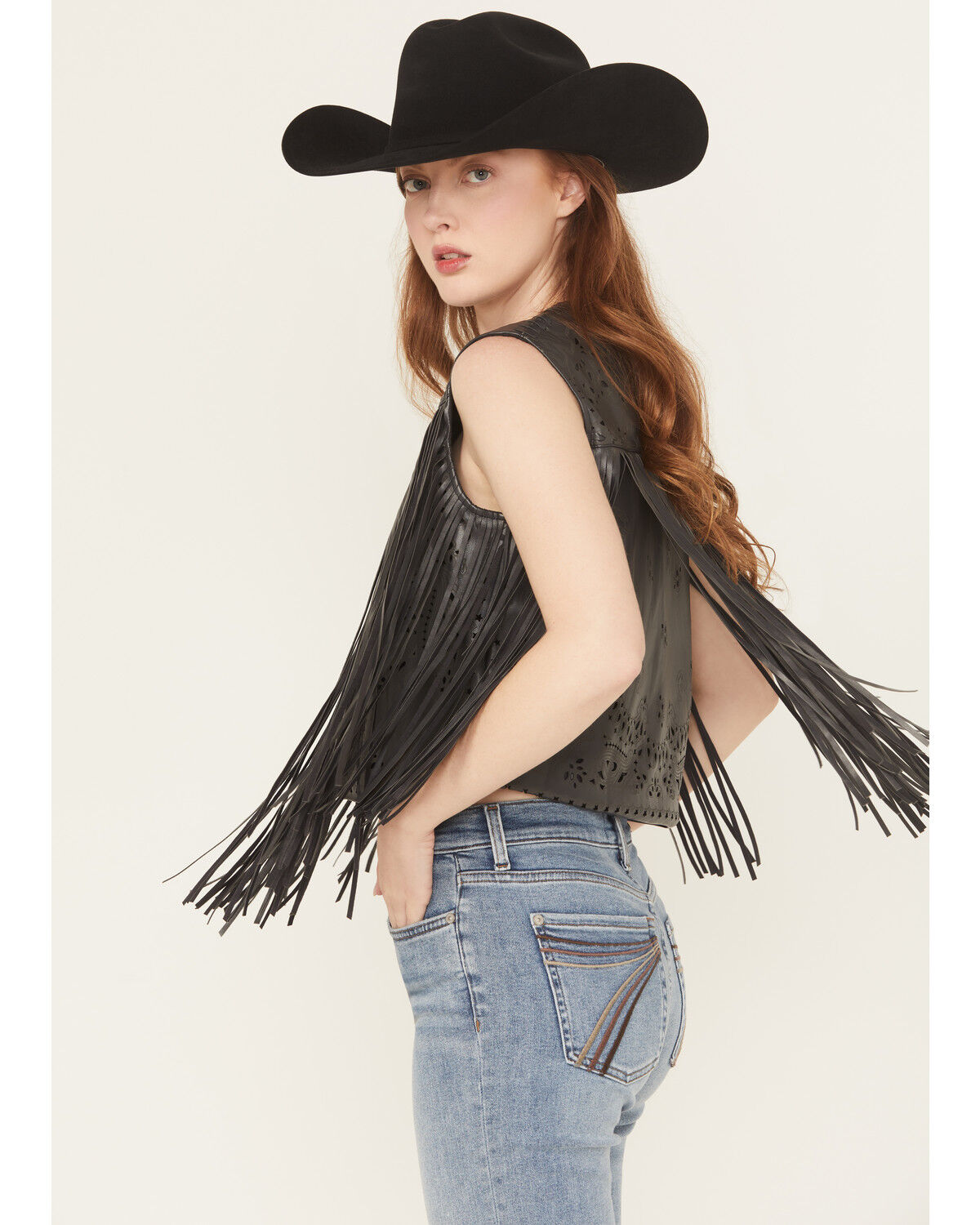 Image #2 - Blue B Women's Faux Leather Bandana Laser Cut Fringe Vest, Black, hi-res