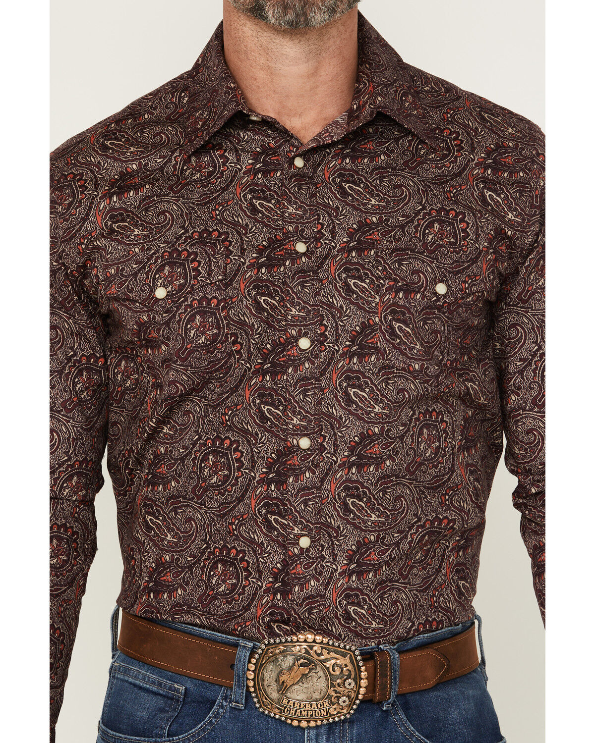 Image #3 - Rock & Roll Denim Men's Paisley Print Long Sleeve Snap Stretch Western Shirt, Burgundy, hi-res