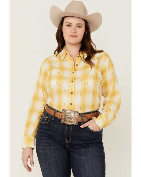 Ariat Women's R.E.A.L Billie Jean Cactus Plaid Print Long Sleeve Button-Down Western Shirt - Plus, Yellow, hi-res