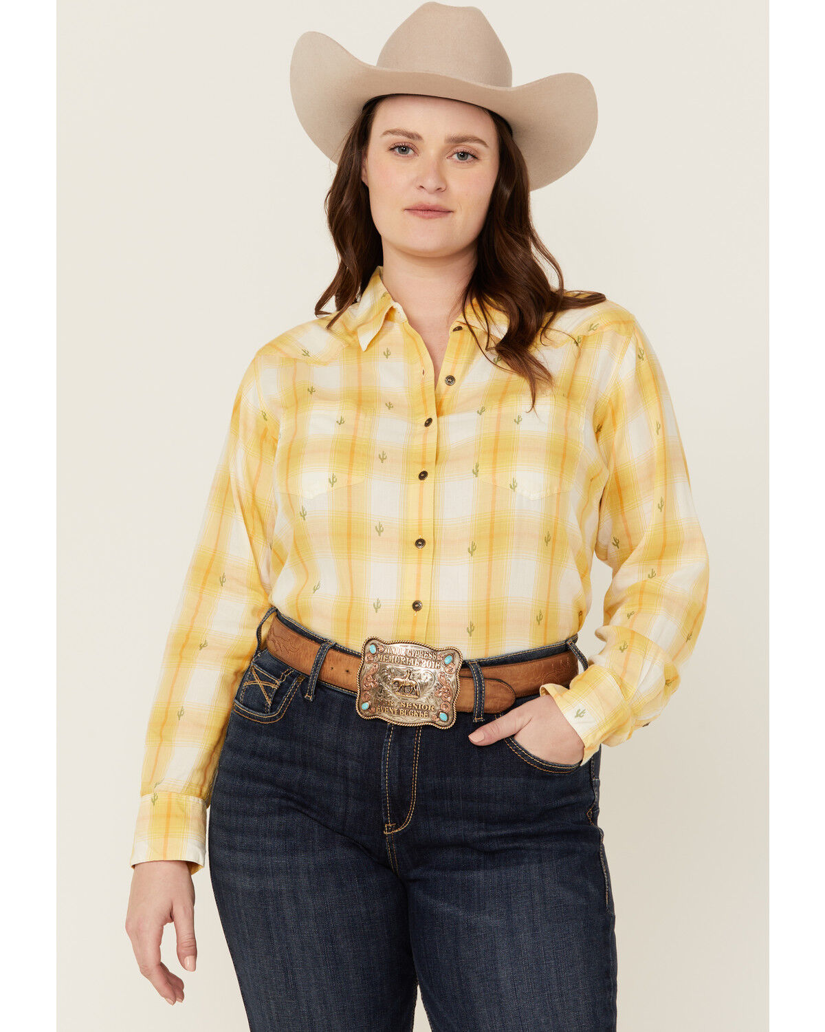 Image #1 - Ariat Women's Billie Jean Cactus Plaid Print Long Sleeve Button-Down Western Shirt - Plus, Yellow, hi-res