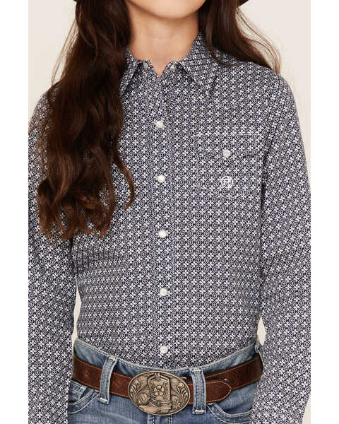 Image #3 - Roper Girls' Amarillo Floral Print Long Sleeve Western Pearl Snap Shirt, Blue, hi-res
