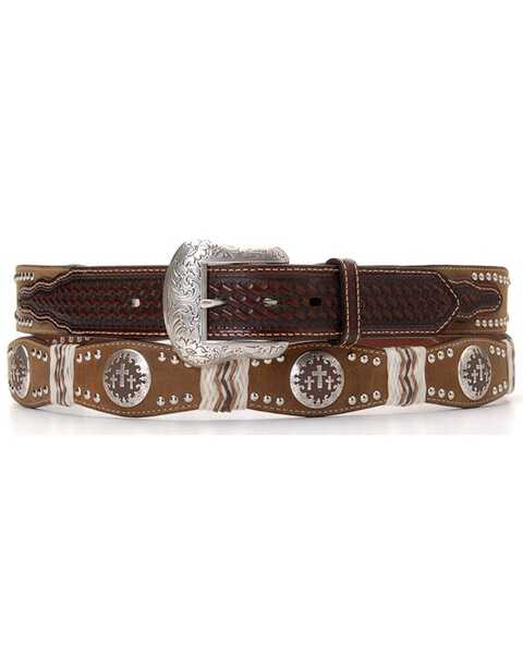 Nocona Pro Series Scalloped Cross Concho Leather Belt, Brown, hi-res