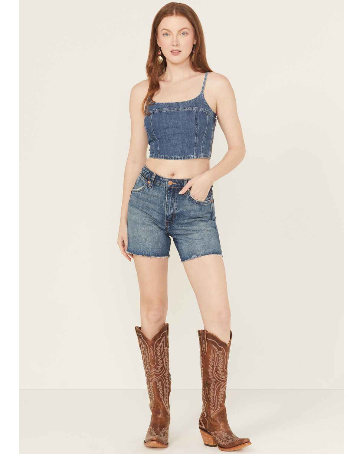 Image #1 - Wrangler Women's Medium Wash High Rise Mid-Length Stretch Denim Cowboy Shorts, Medium Wash, hi-res