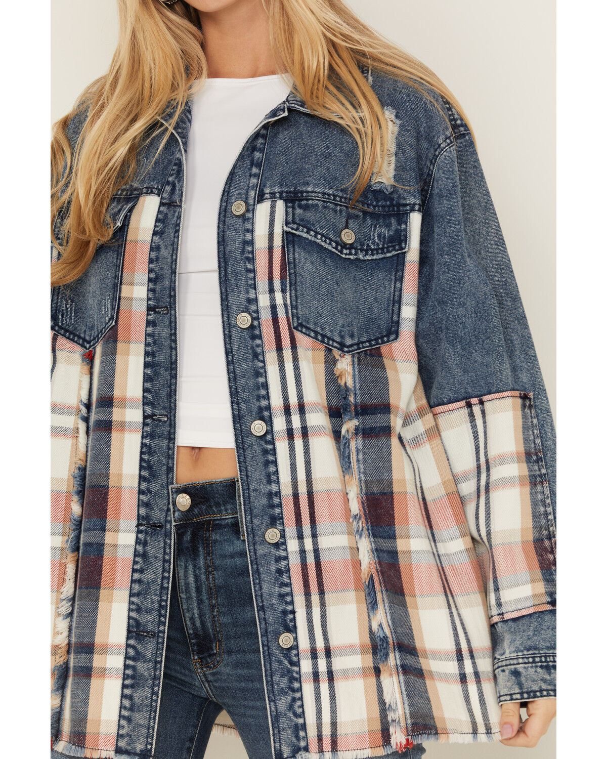 Image #3 - 26 International Women's Plaid Print Long Sleeve Button-Down Denim Shacket, Blue, hi-res