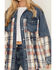 Image #3 - 26 International Women's Plaid Print Long Sleeve Button-Down Denim Shacket, Blue, hi-res