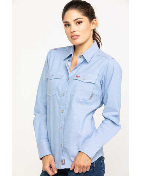 Ariat Women's FR Solid Durastretch Work Shirt, Blue, hi-res