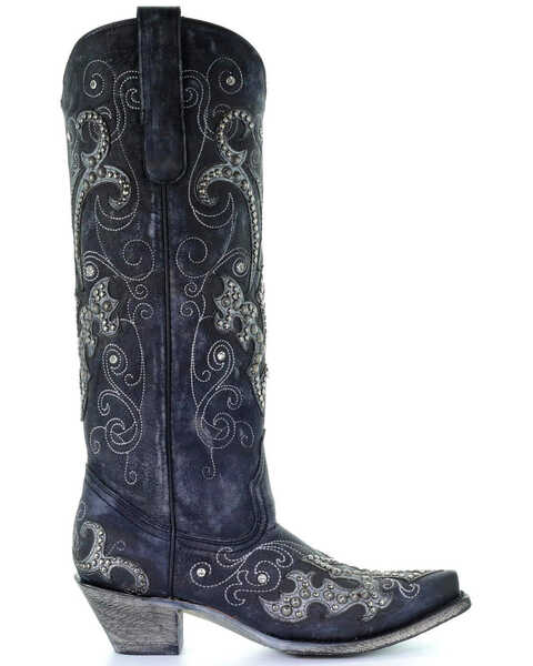Image #3 - Corral Women's Tall Studded Overlay & Crystals Western Boots - Snip Toe, Black, hi-res