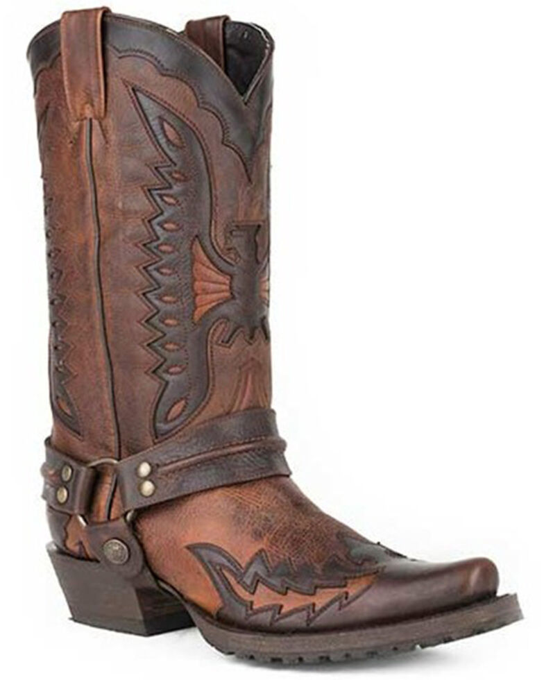 Stetson Men's Biker Outlaw Eagle Harness Moto Boots - Snip Toe , Brown, hi-res