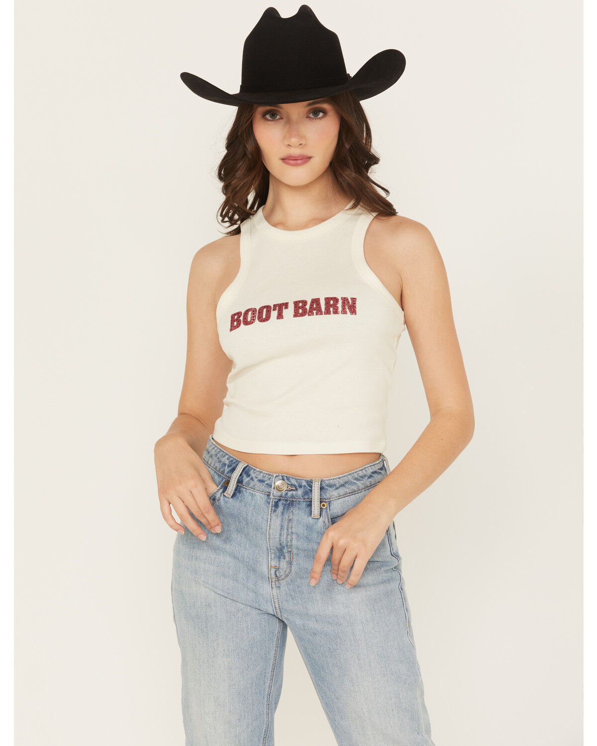 Image #1 - Boot Barn Women's Rhinestone Logo Racerback Tank, Ivory, hi-res