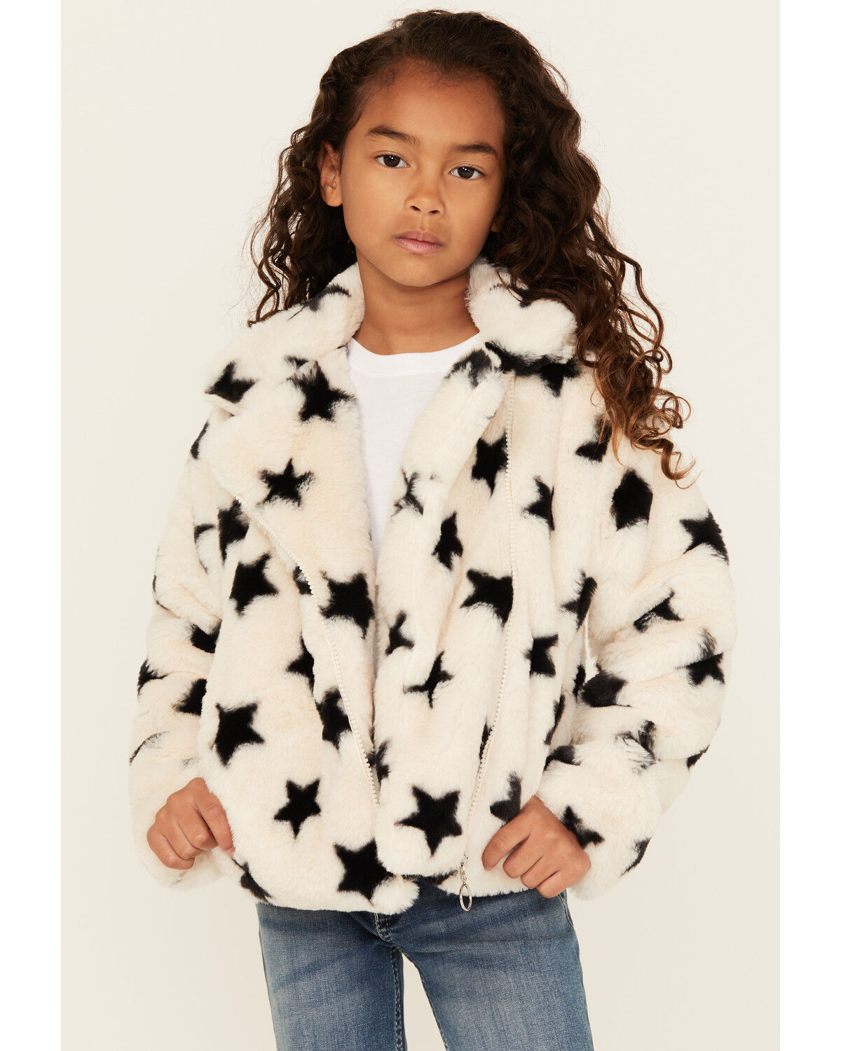 Image #1 - Urban Republic Girls' Star Print Faux Fur Moto Jacket, Cream, hi-res