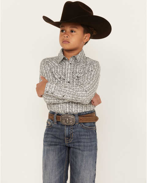 Cody James Boys' Southwestern Print Long Sleeve Western Snap Shirt, Dark Blue, hi-res