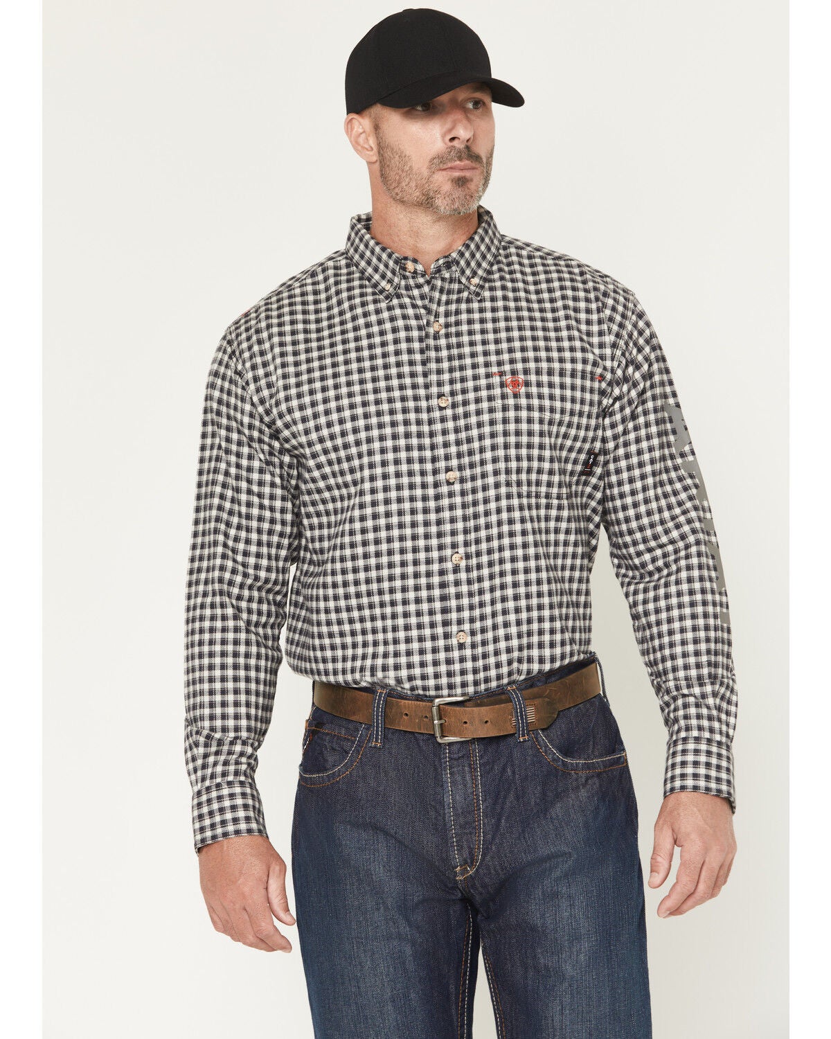 Ariat Men's FR Koufax Logo Long Sleeve Button-Down Work Shirt, Black/white, hi-res