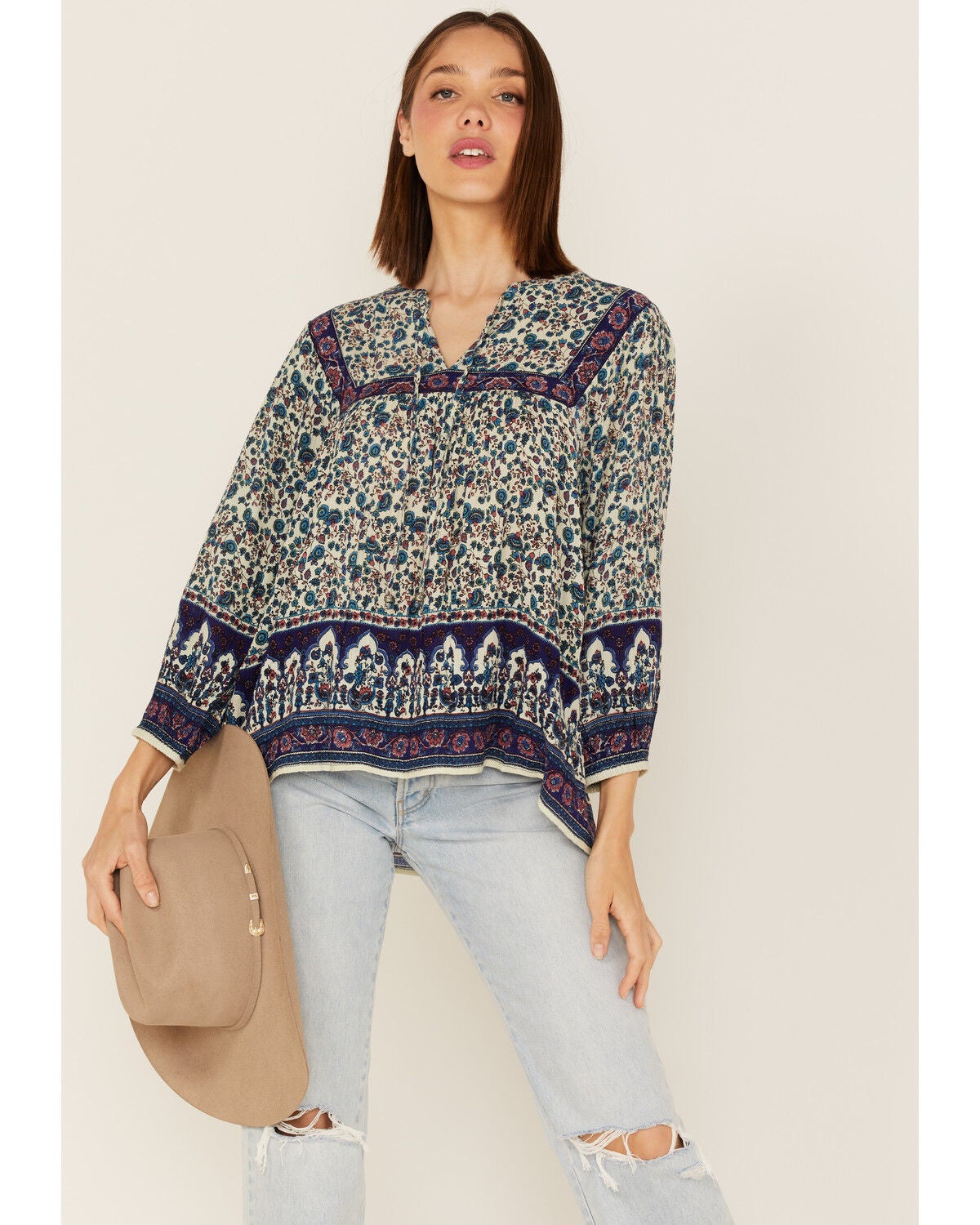 Bila Women's Floral Print Long Sleeve Shirt, Blue, hi-res