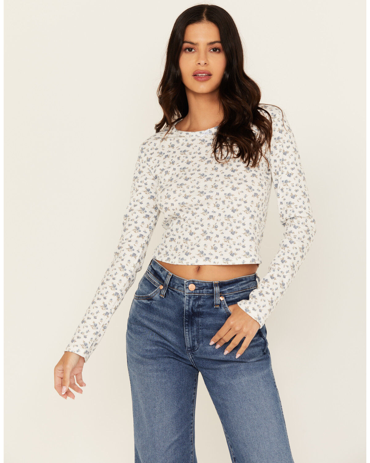 Image #1 - Originality Women's Floral Print Long Sleeve Cropped Tee, White, hi-res