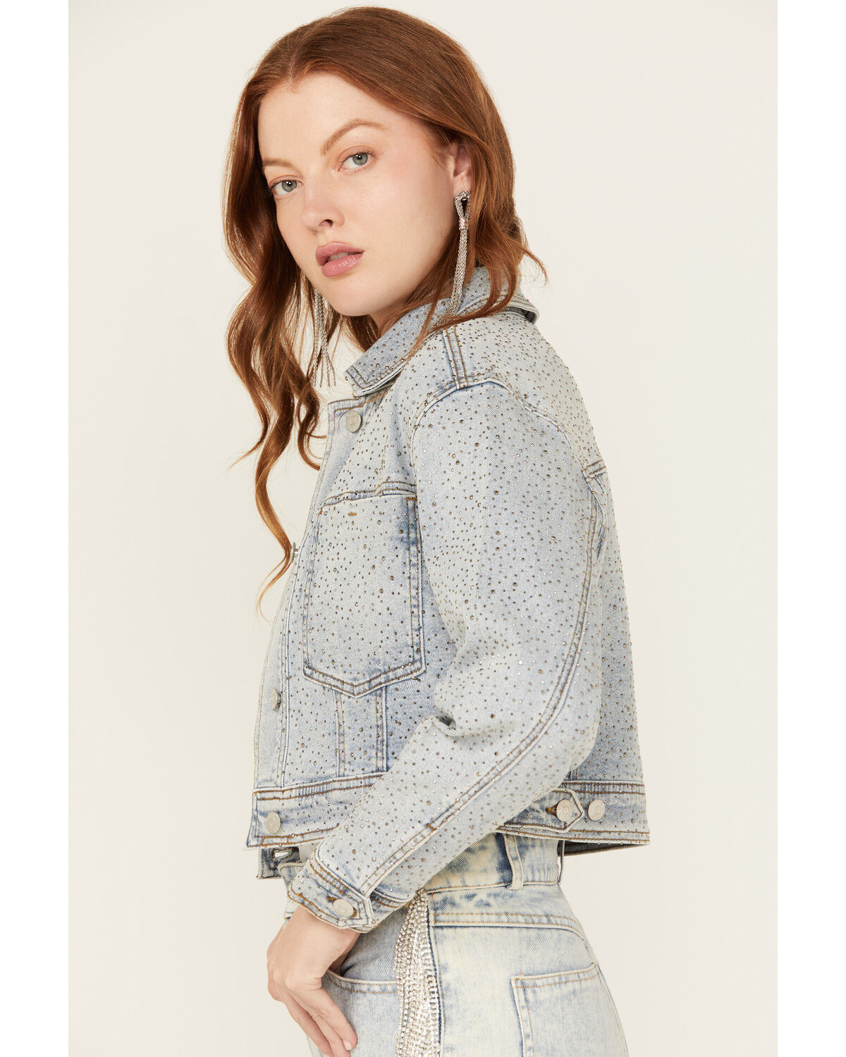 Image #3 - Vibrant Denim Women's Light Wash Rhinestone Cropped Denim Trucker Jacket, Light Wash, hi-res