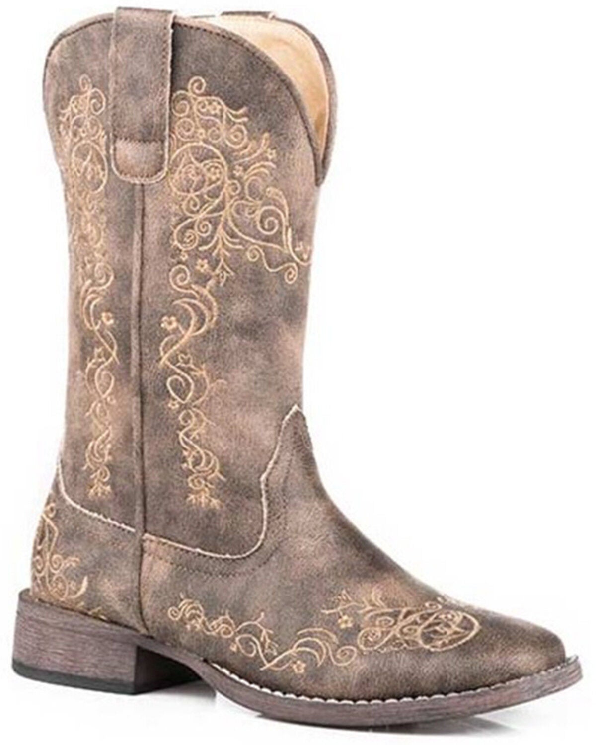 Roper Women's Riley Scroll Vintage Faux Performance Western Boots - Square Toe, Brown, hi-res