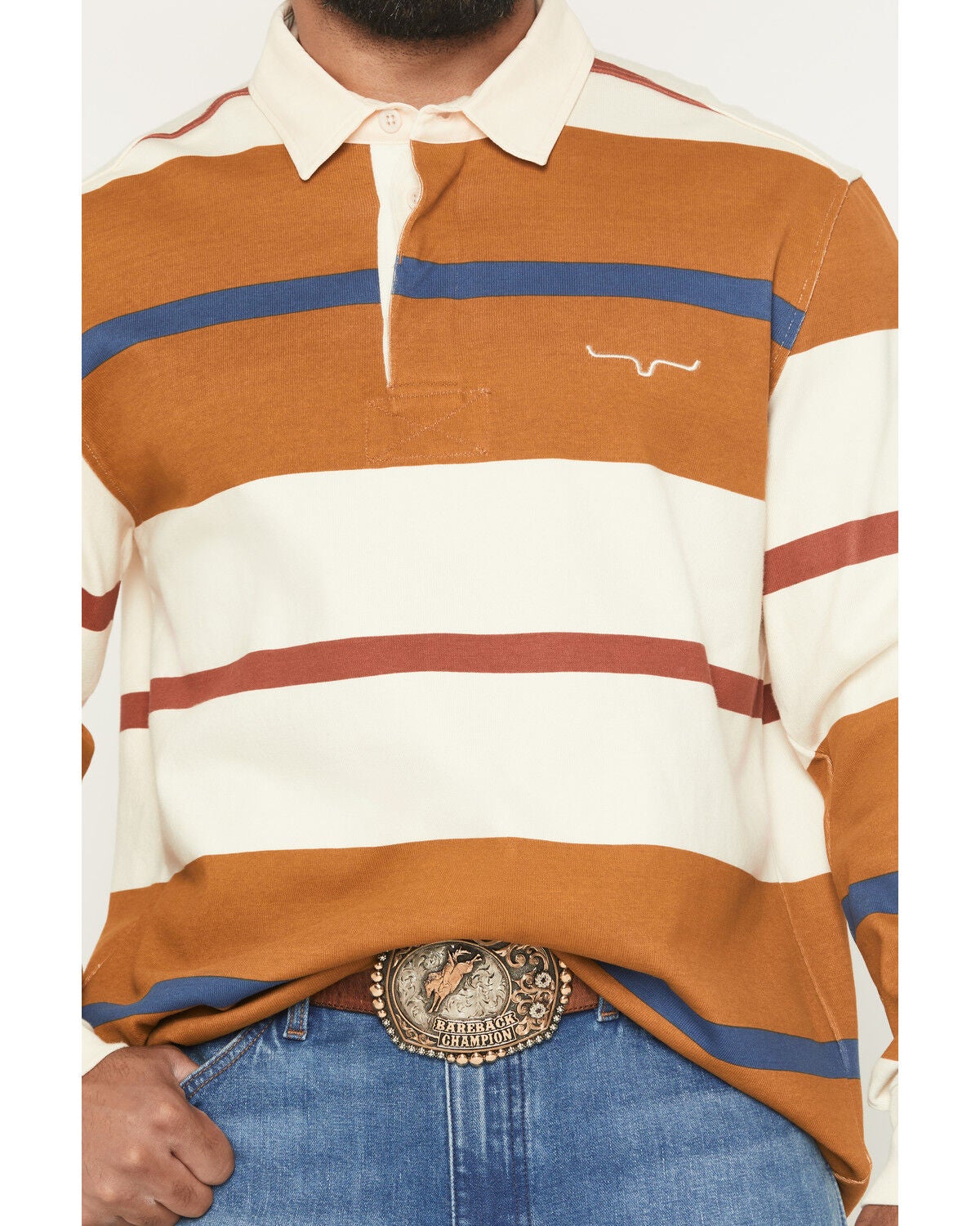 Image #3 - Kimes Ranch Men's Bulldog Rugby Striped Long Sleeve Polo Shirt, Brown, hi-res