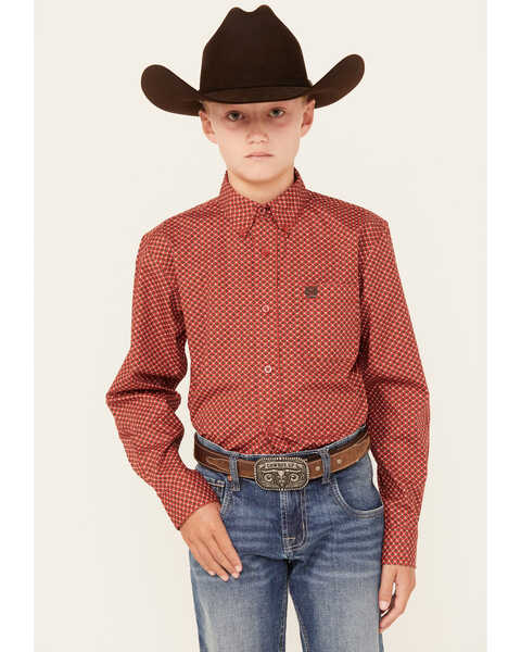 Cinch Boys' Geo Print Long Sleeve Button Down Western Shirt, Red, hi-res