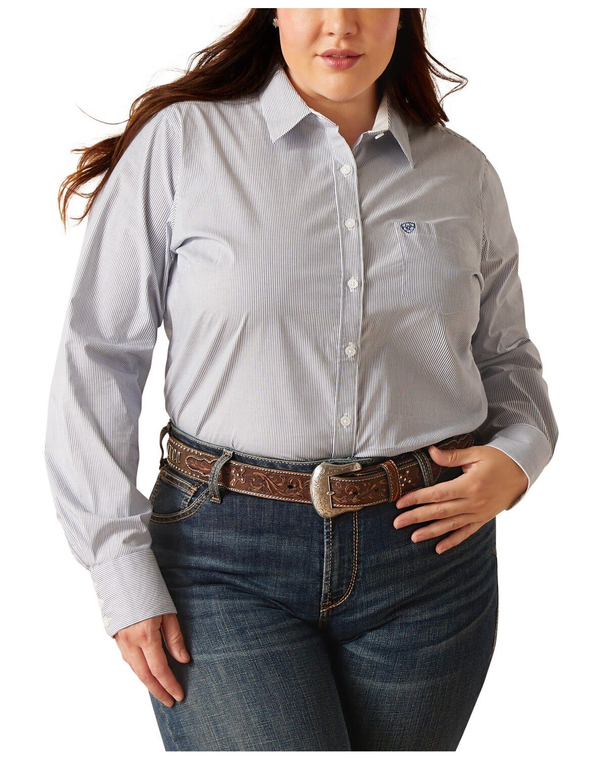 Ariat Women's Kirby Striped Print Long Sleeve Button-Down Stretch Western Shirt - Plus, Blue, hi-res