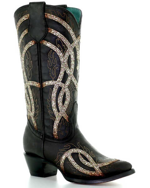 Image #1 - Corral Women's Glitter Overlay Western Boots - Pointed Toe, Black, hi-res
