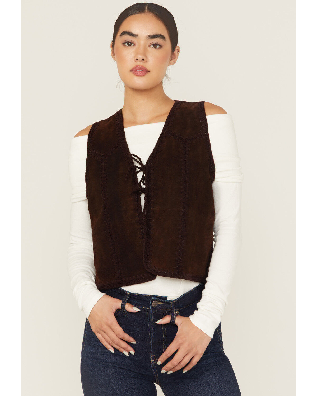Image #1 - Shyanne Women's Suede Tie Front Knit Fashion Vest, Chocolate, hi-res