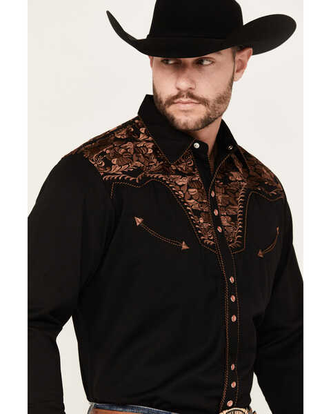 Image #4 - Scully Men's Embroidered Gunfighter Long Sleeve Snap Western Shirt , Black, hi-res