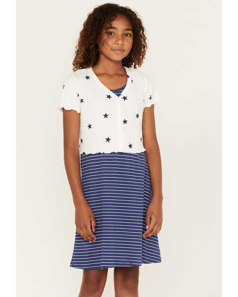 Self Esteem Girls' Star Print Cardigan & Stripe Dress Set - 2-Piece, Navy, hi-res