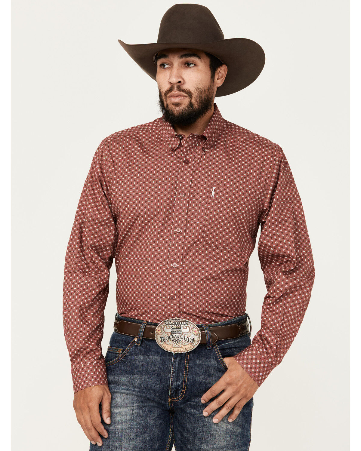 Image #1 - Cinch Men's Geo Print Long Sleeve Button-Down Western Shirt, Burgundy, hi-res