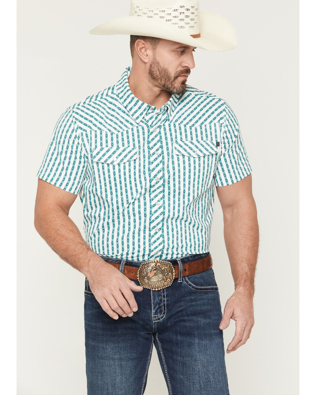 Rock & Roll Denim Men's TEK Core Southwestern Striped Short Sleeve Stretch Western Shirt, Turquoise, hi-res