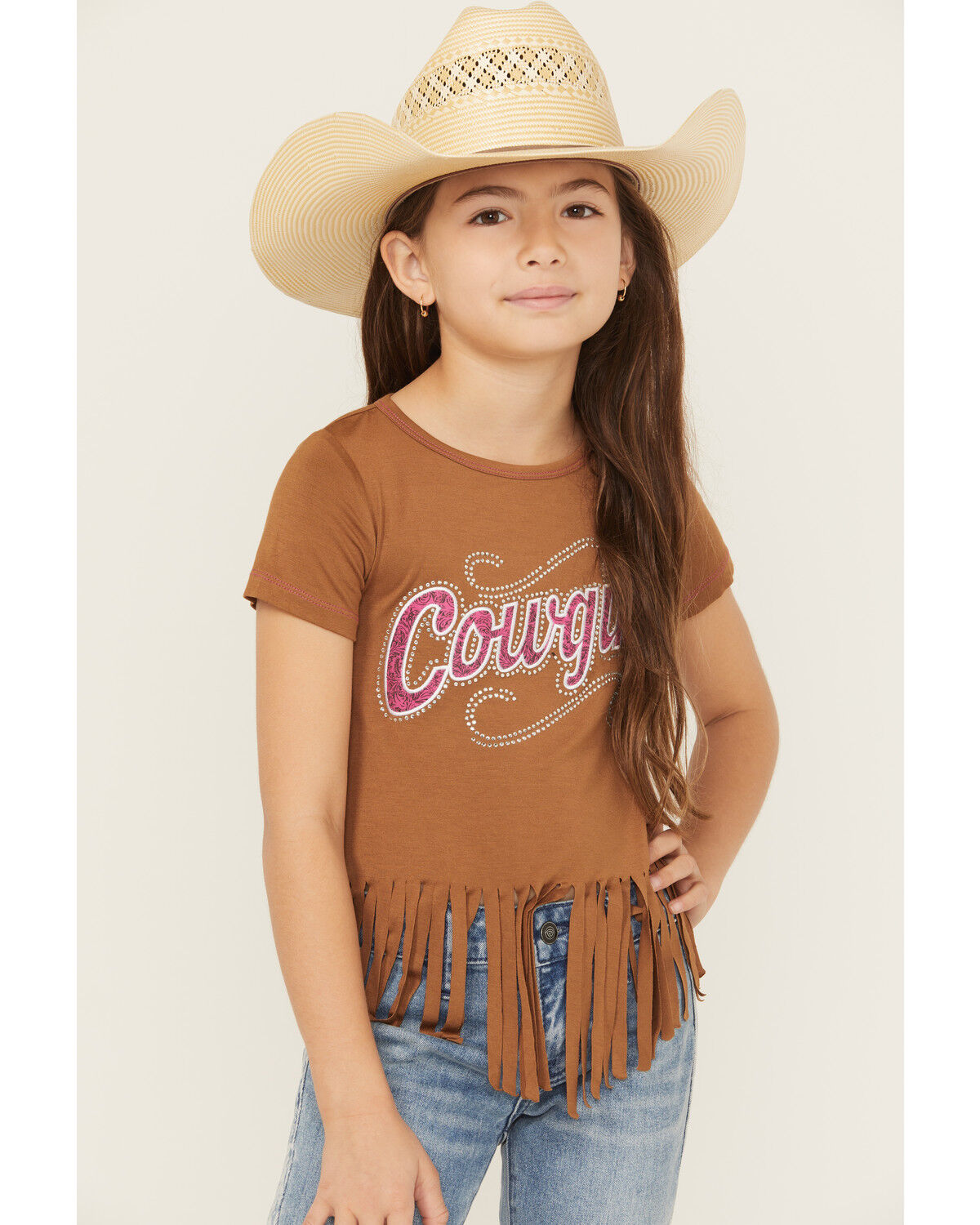 Image #1 - Cowgirl Hardware Girls' Cowgirl Fringe Tee, Brown, hi-res