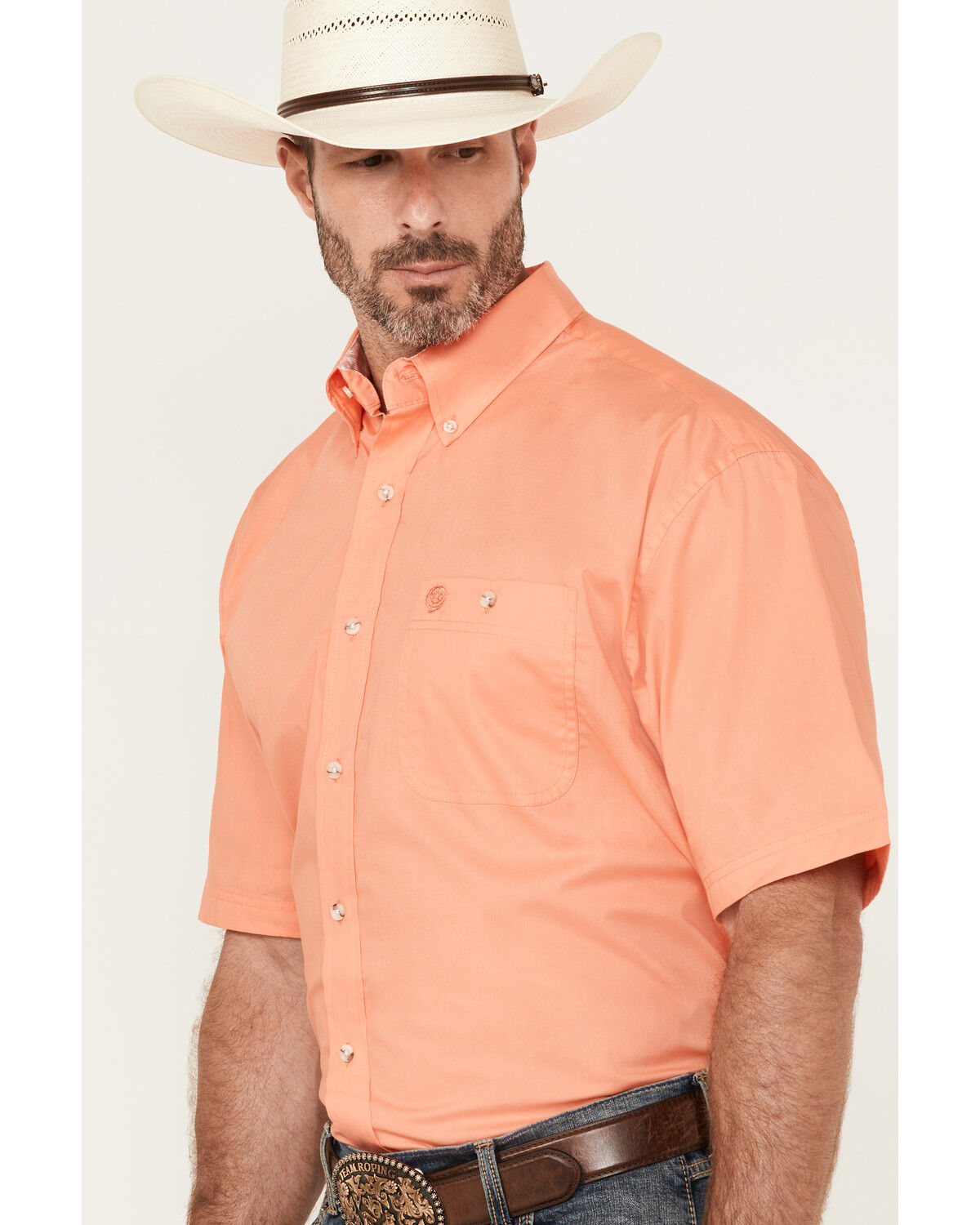 Image #2 - George Strait by Wrangler Solid Short Sleeve Button-Down Stretch Western Shirt, Orange, hi-res