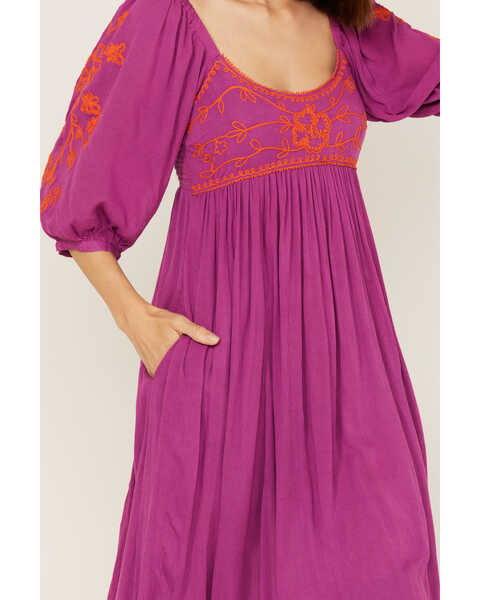 Image #3 - Free People Women's Wedgewood Embroidered Long Puff Sleeve Midi Dress, Magenta, hi-res