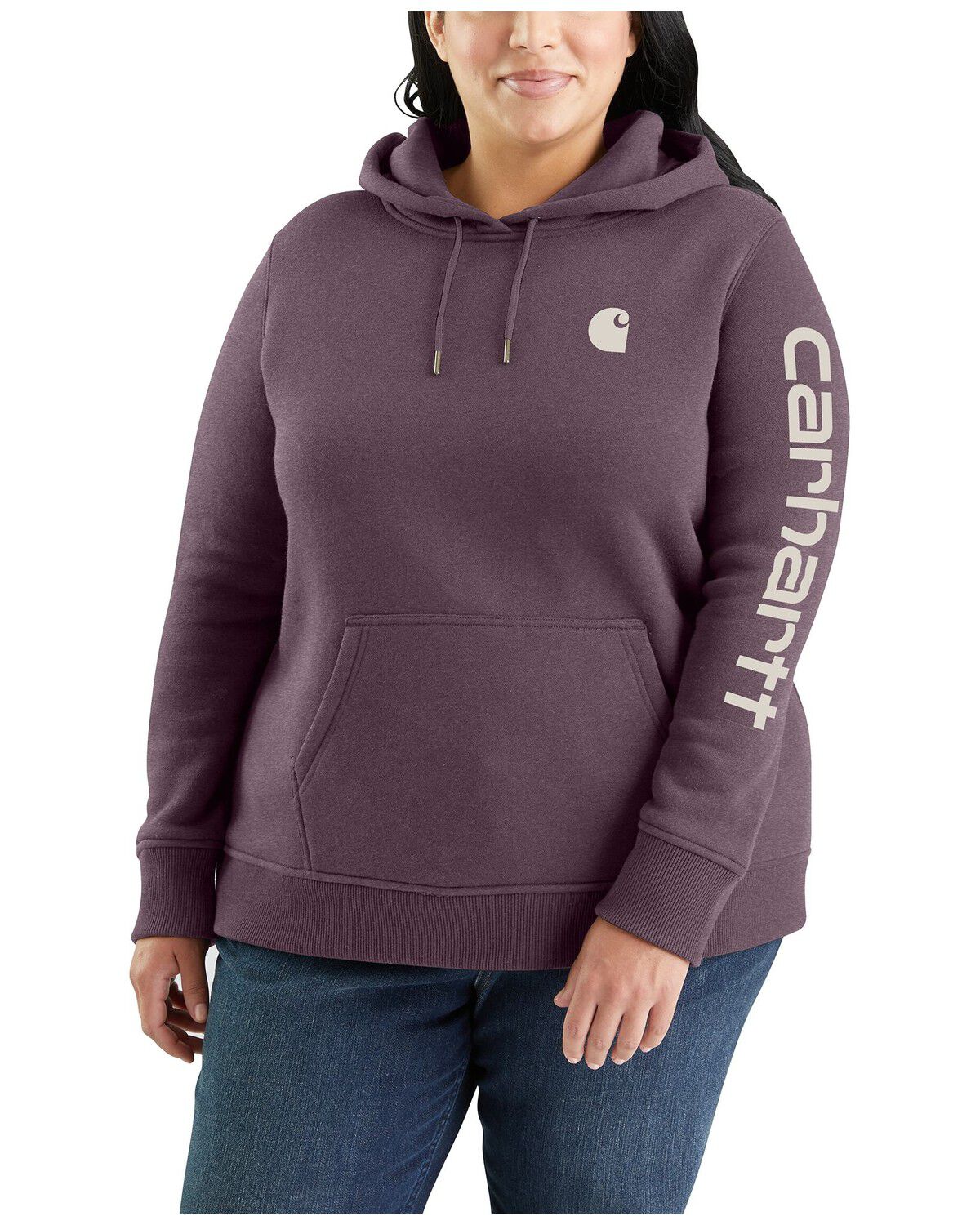 Image #1 - Carhartt Women's Relaxed Fit Heather Logo Sleeve Graphic Work Hoodie - Plus, Purple, hi-res