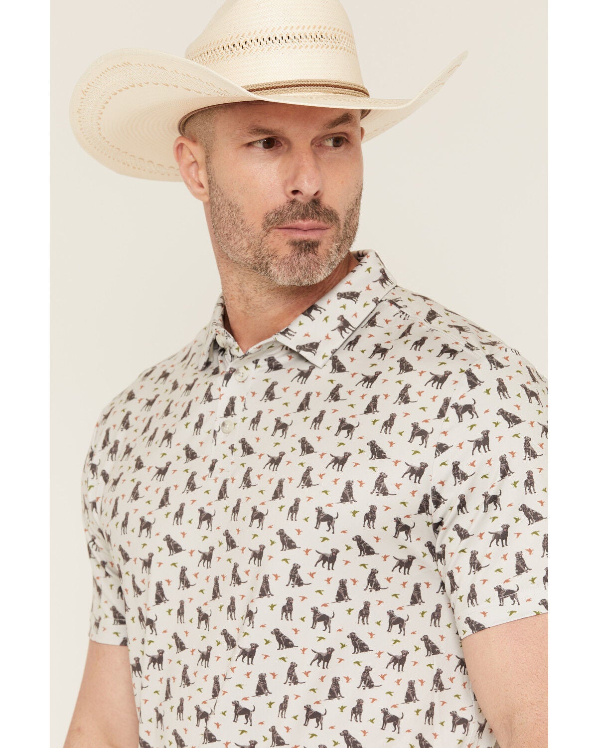 Image #2 - Burlebo Men's Ducks And Dogs Print Short Sleeve Button-Down Polo Shirt, Natural, hi-res